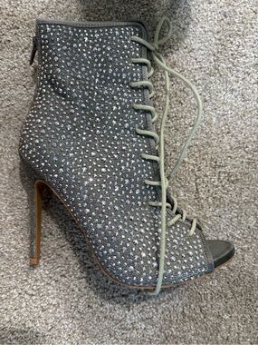 Silver Crystal Lace-Up Peep Toe Booties